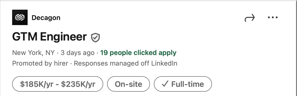 Decagon GTM Engineer job posting with low engagement