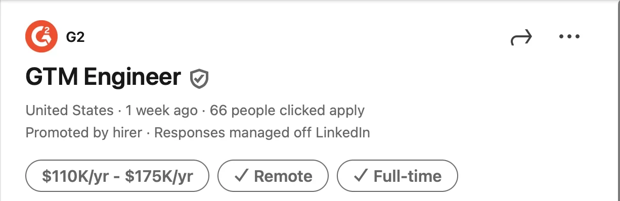 G2 GTM Engineer job posting with low engagement